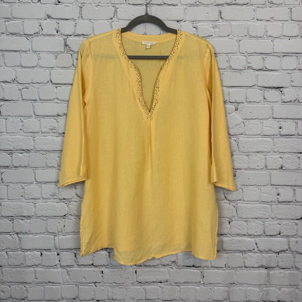 Eileen Fisher Linen Tunic Top Women Size Medium M Yellow Embellished Neckline